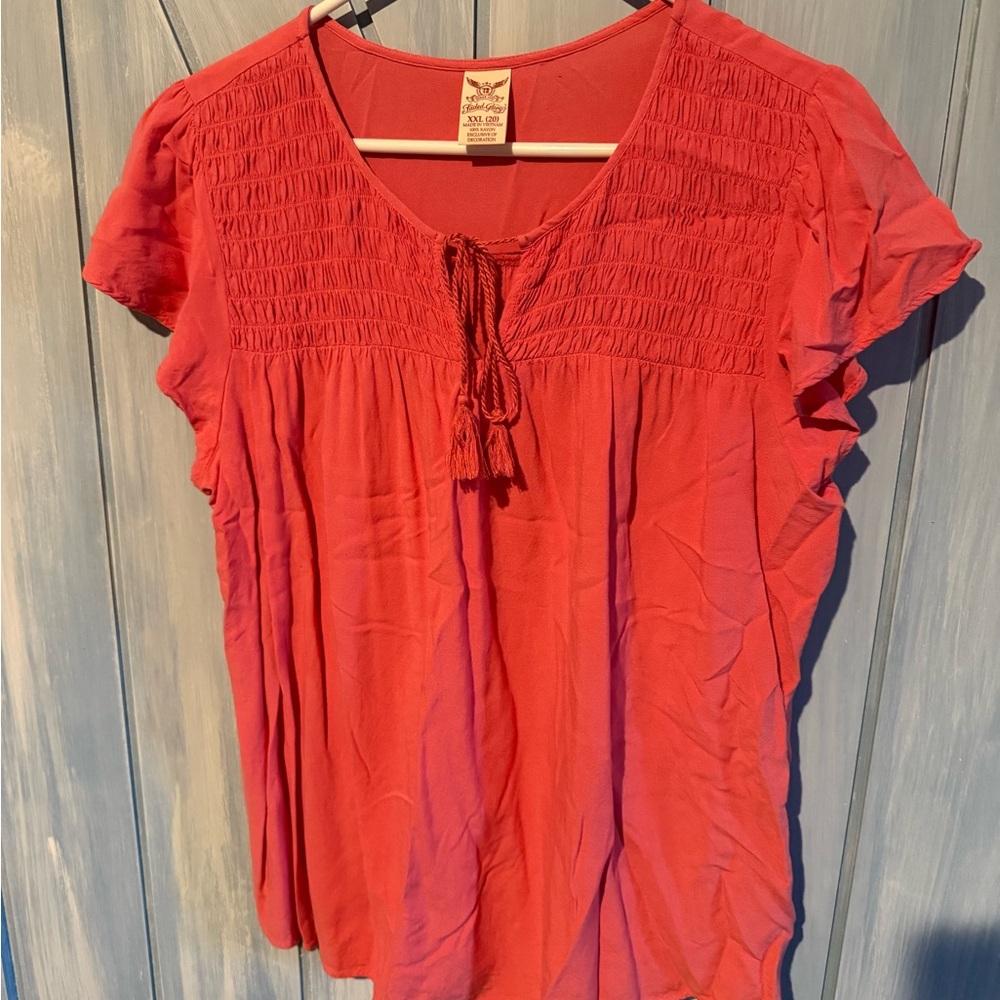 Faded Glory Coral Red Smocked Peasant Top with Tassel Tie